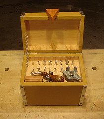 Interior view of leather working tool kit showing arrangement of tools